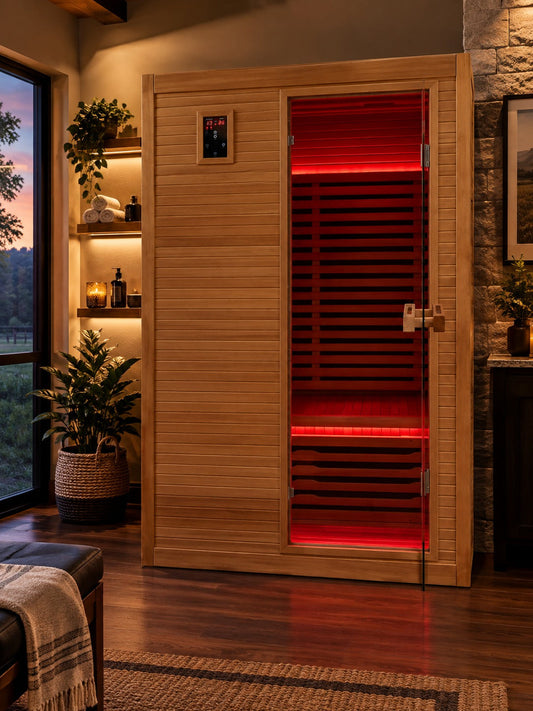 Two-person infrared sauna with a glowing red interior in a cozy wood-floored home wellness room at dusk