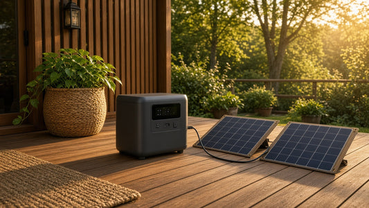 Portable solar power station on a wooden cabin deck connected to two solar panels at golden hour