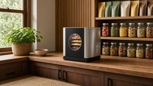 Home freeze dryer on a wood counter beside jars of freeze-dried food in a homestead pantry.