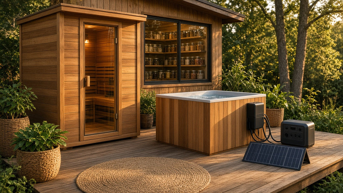 Homestead deck with an outdoor sauna, a wood cold plunge tub, a solar power station and panel, and a pantry of preserved food behind a window