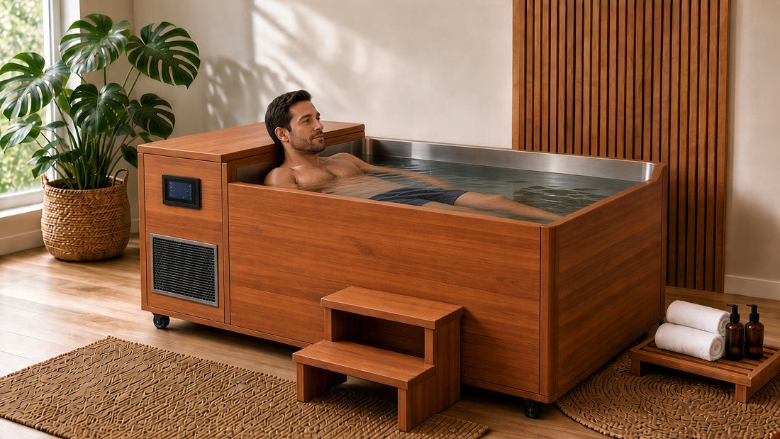 Man relaxing in a wood-panel home cold plunge tub with a built-in chiller in a bright, plant-filled room