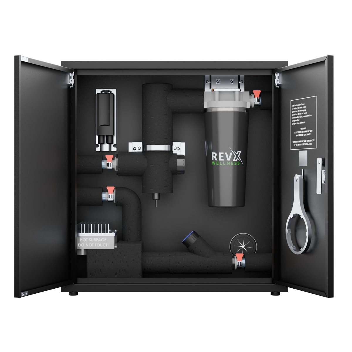 RevX X-FLOW cabinet interior with filter housing and plumbing