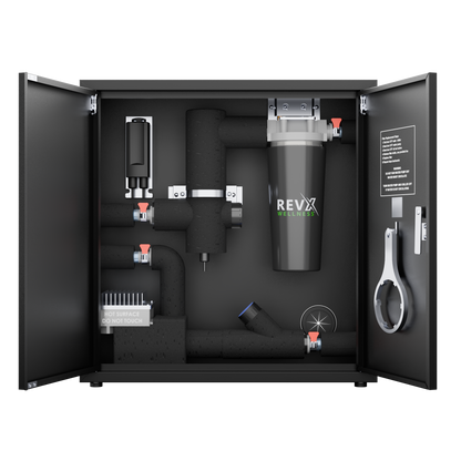 RevX X-FLOW cabinet interior with filter housing and plumbing