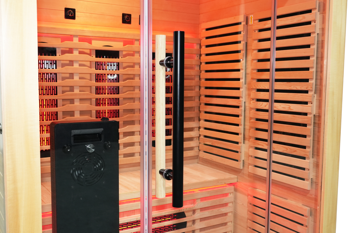 Blisspod Venetian RED sauna door handle and interior heaters