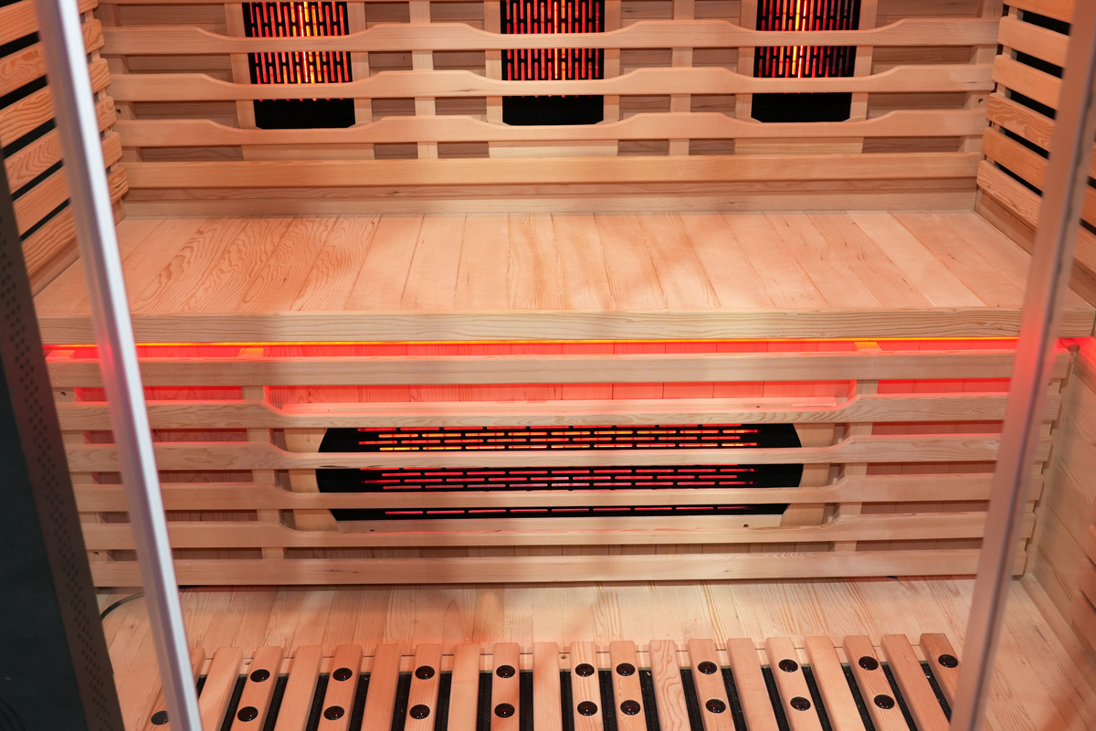 Blisspod Venetian RED sauna bench and lower heaters