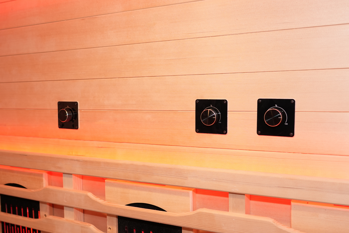 Blisspod Venetian RED sauna interior control panel and outlets