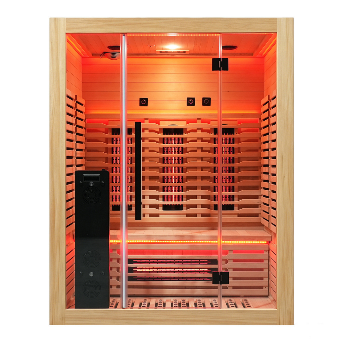 Blisspod Venetian RED 3-person sauna, front view through glass