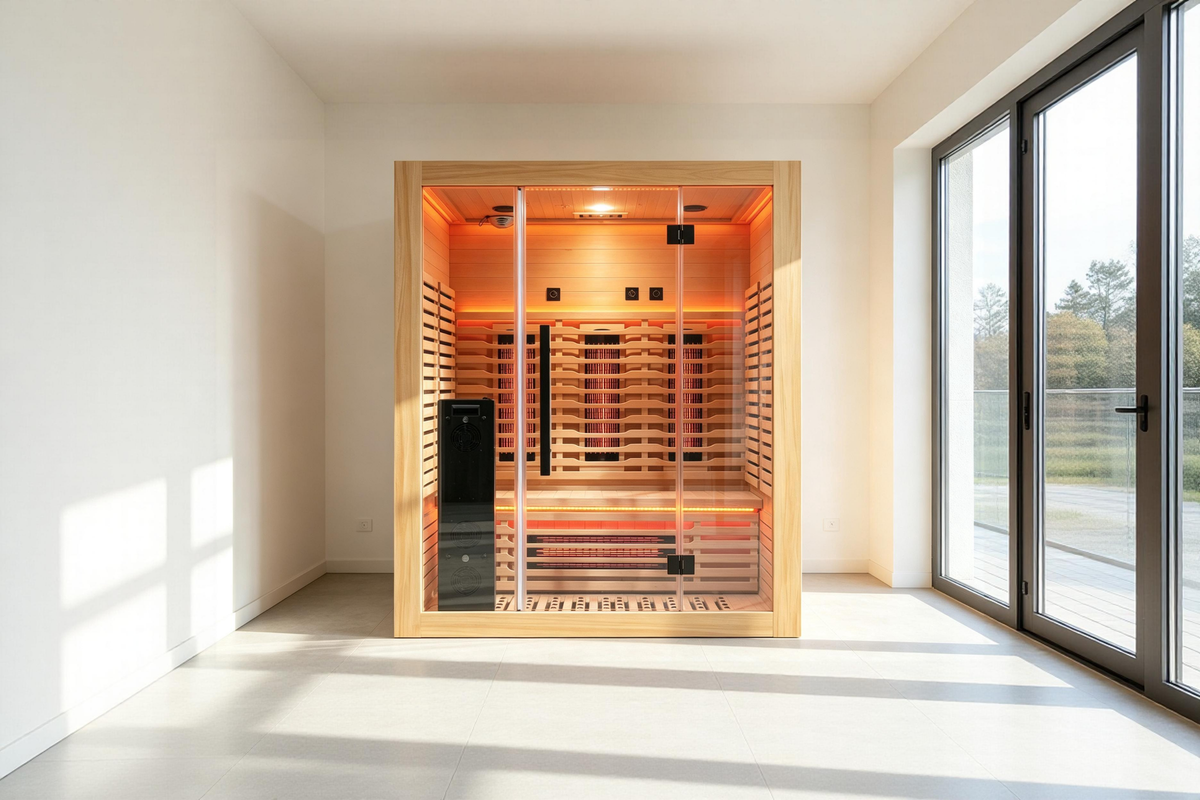 Blisspod Venetian RED sauna in a bright modern room