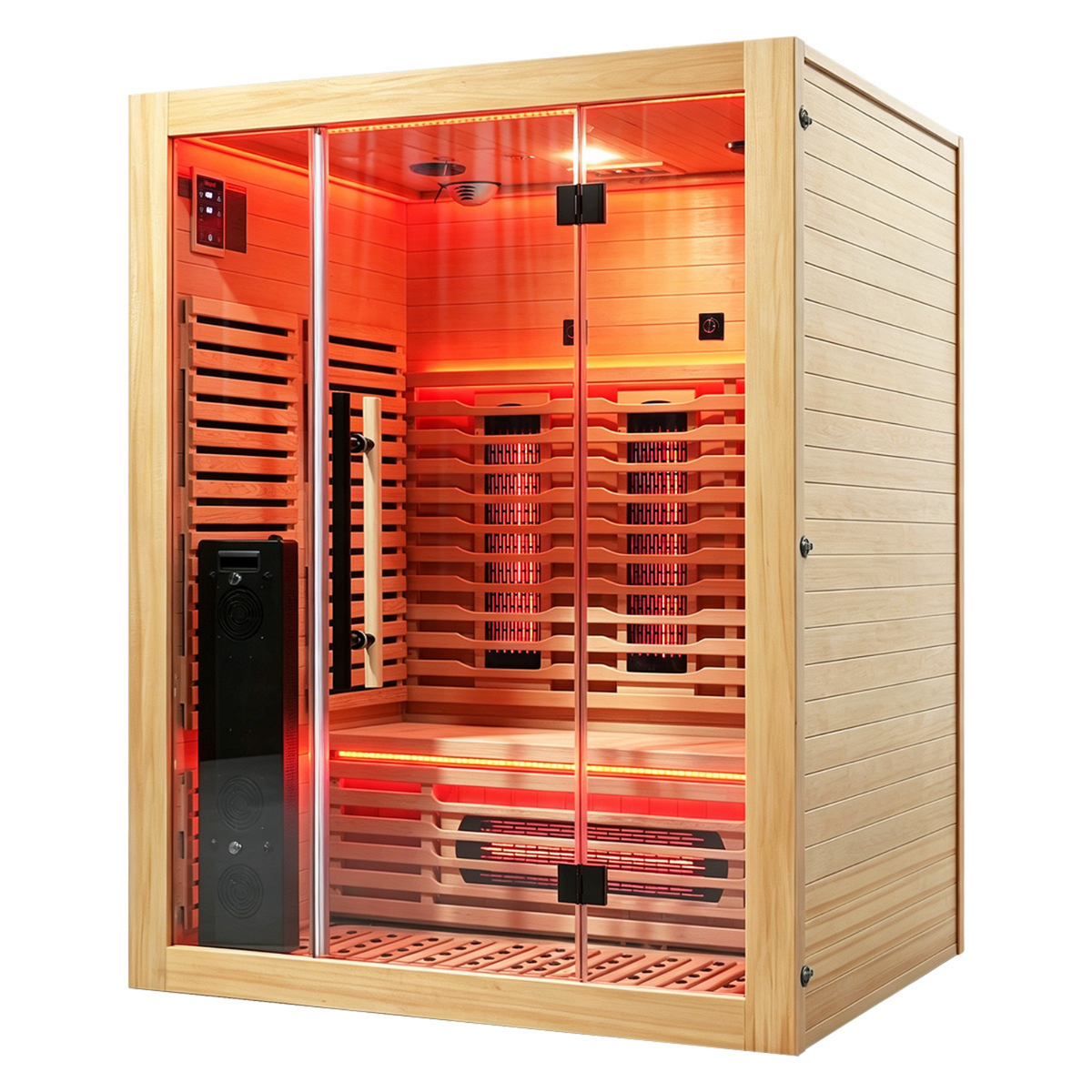 Blisspod Venetian RED sauna with glass door, angled view