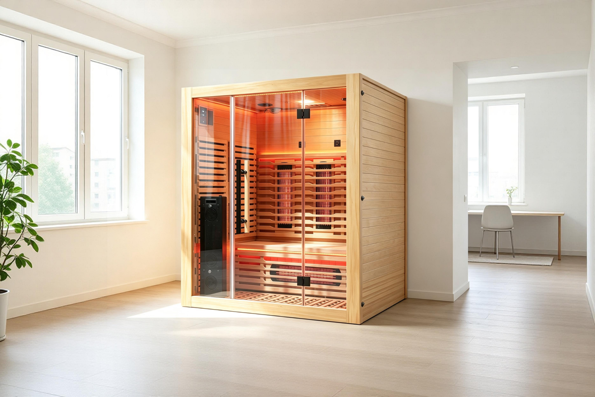 Blisspod Venetian RED sauna in a bright room, wide view