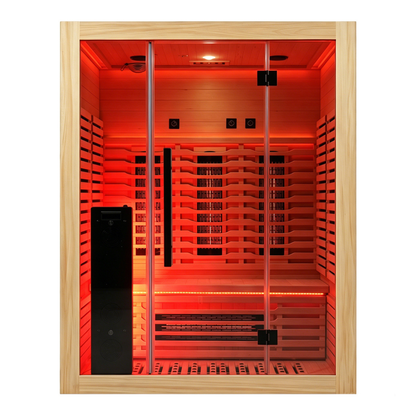 Blisspod Venetian RED sauna, front view with tower red light panel