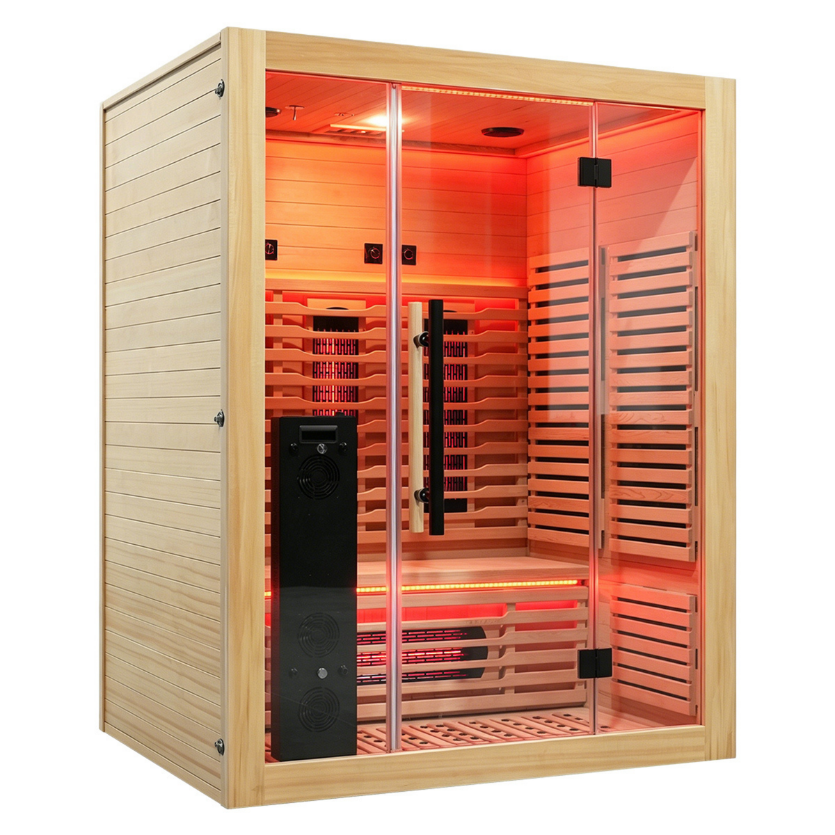 Blisspod Venetian RED 3-person sauna, angled view with red light on