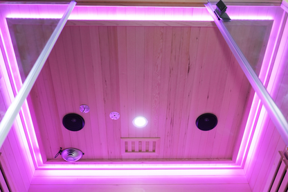 Blisspod Venetian RED sauna ceiling with purple chromotherapy lighting