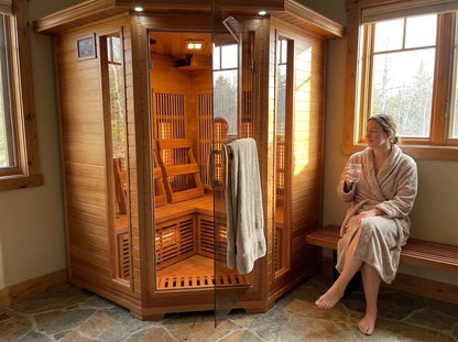 Customer photo of Hudson Bay 3-Person Cedar Corner Infrared Sauna with 7 Carbon Heaters