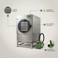 Home Freeze Dryer Built for Large Batches, 7-Tray Stainless Steel, 2000W Power, XL Premier Pump — infographic