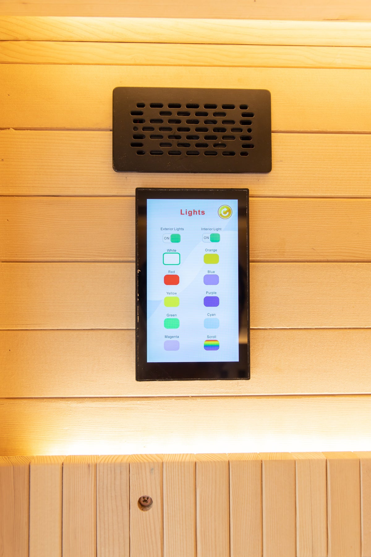 NiceBeam sauna interior touchscreen control panel