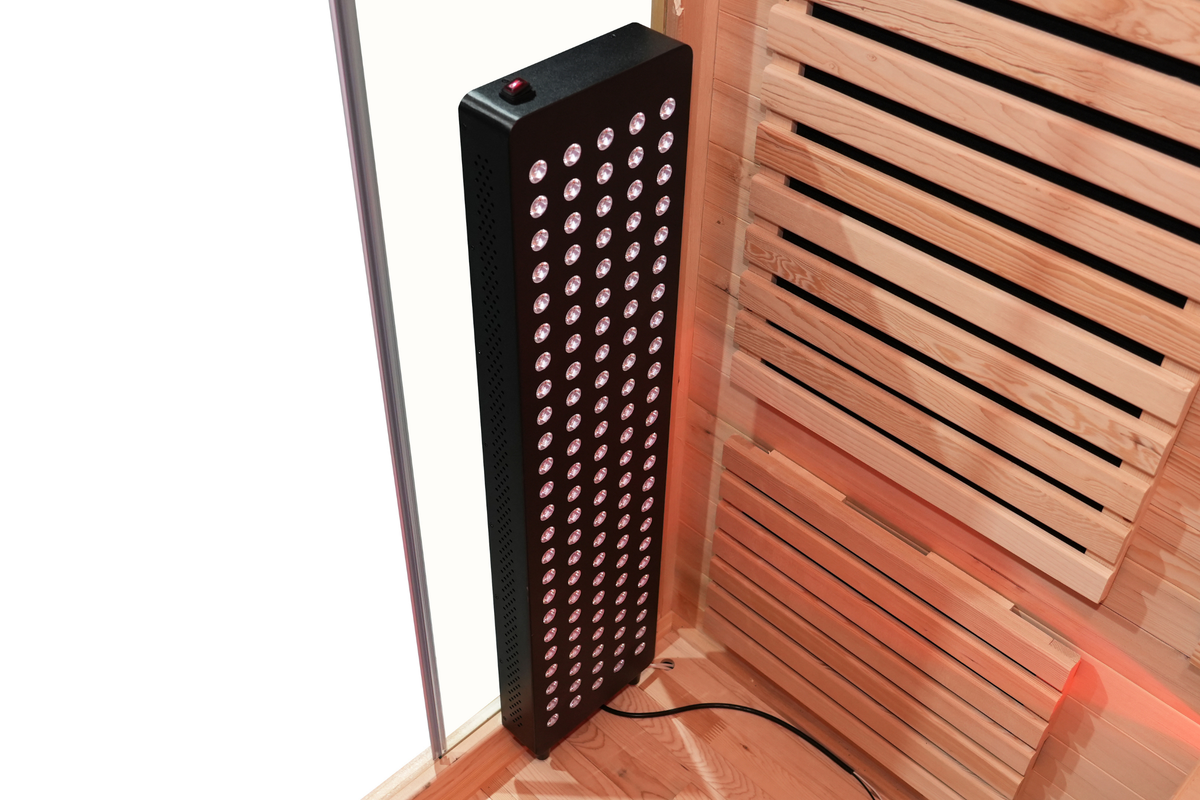 Blisspod Venetian RED red light therapy panel inside the sauna