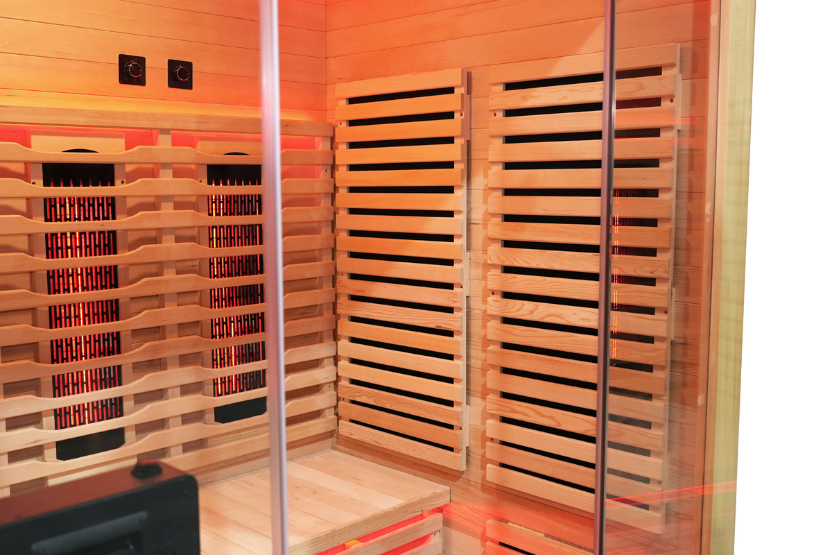 Blisspod Venetian RED sauna interior with full spectrum heaters