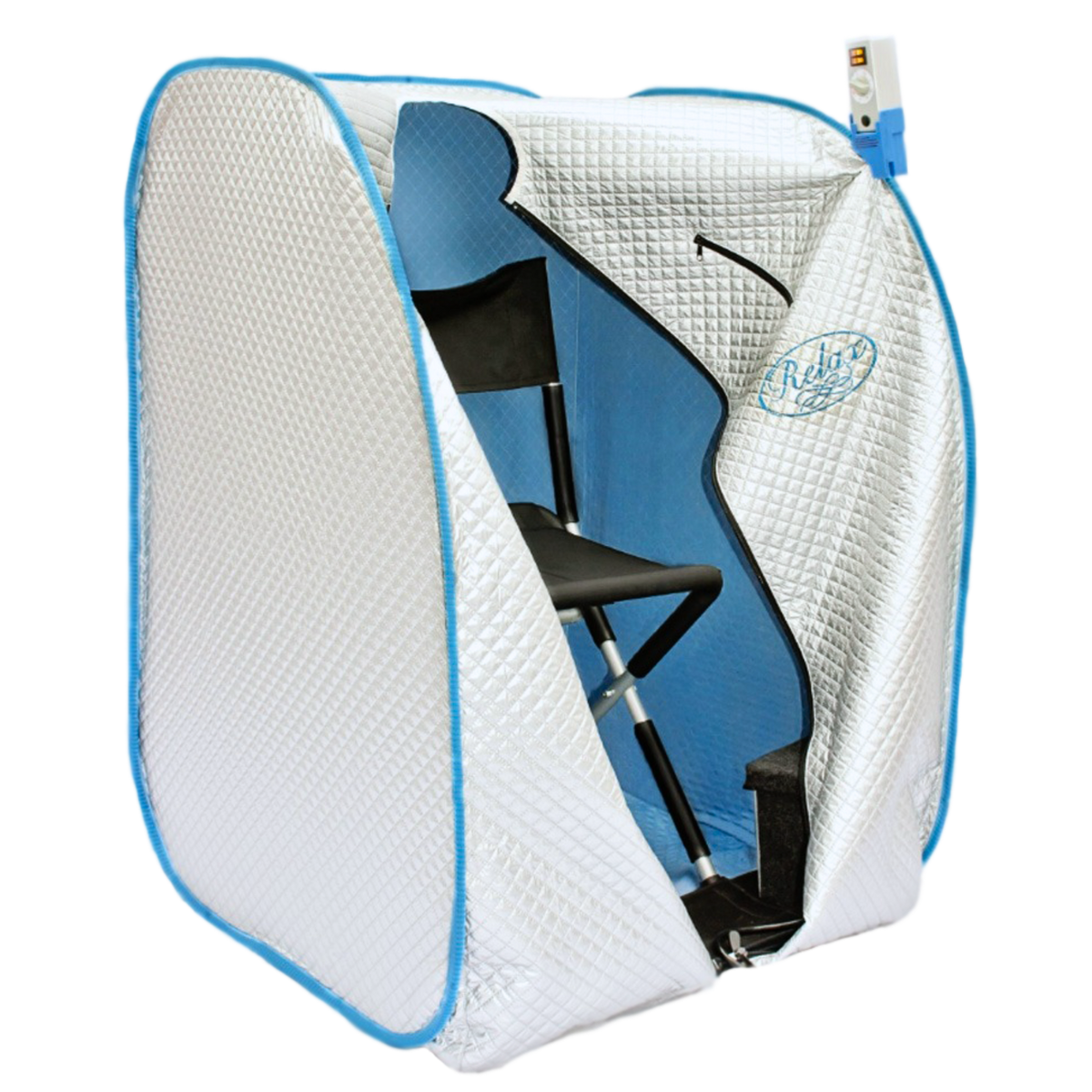 Relax Silver Elite tent sauna with front open showing the chair inside