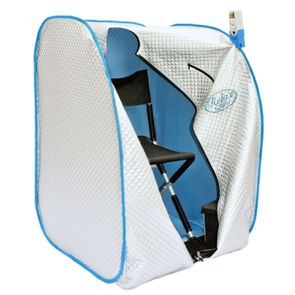 Relax Silver Elite tent sauna with front open showing the chair inside