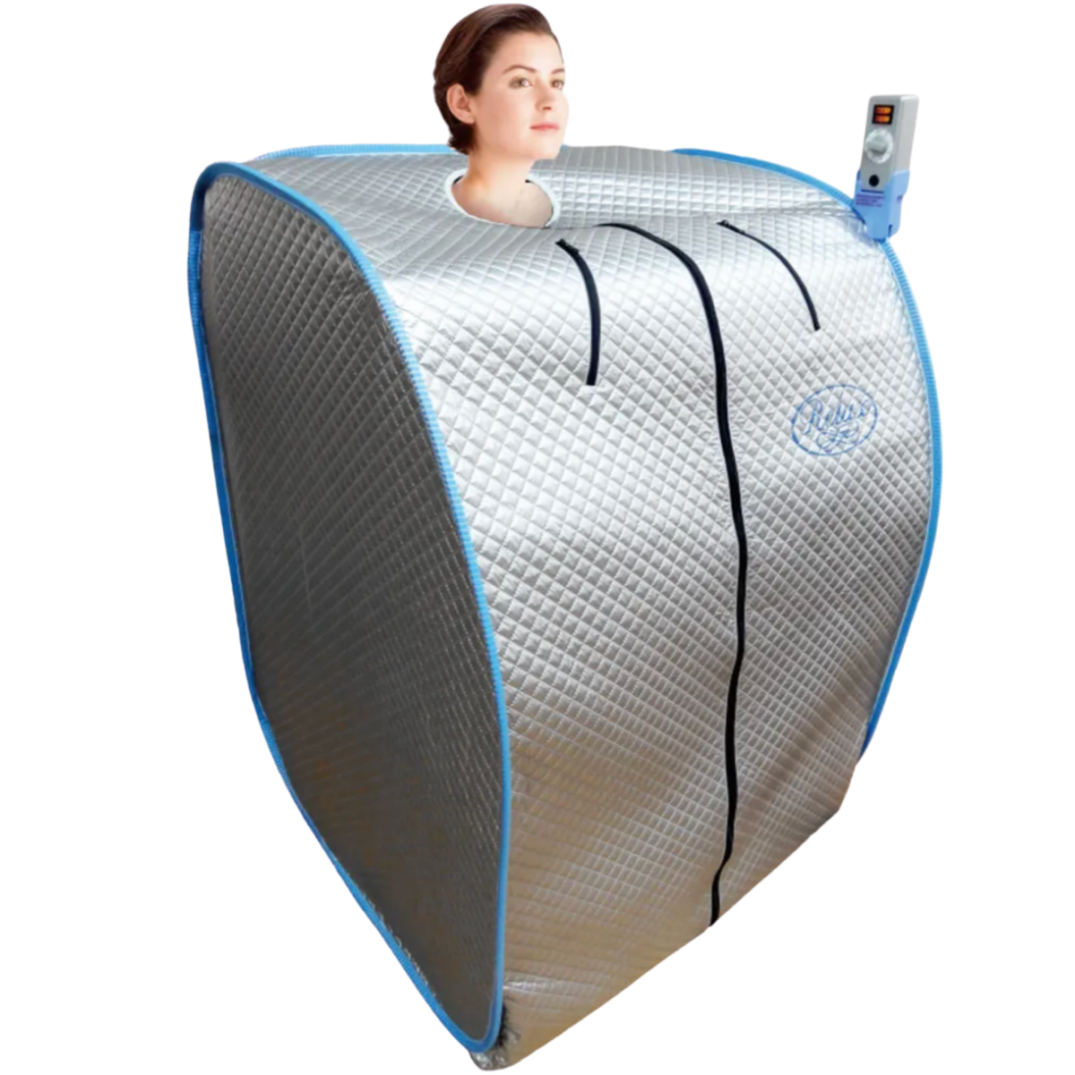 Relax Silver Elite tent sauna in use with a woman seated inside, head out the top