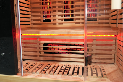Blisspod Venetian RED sauna interior, bench and floor heater