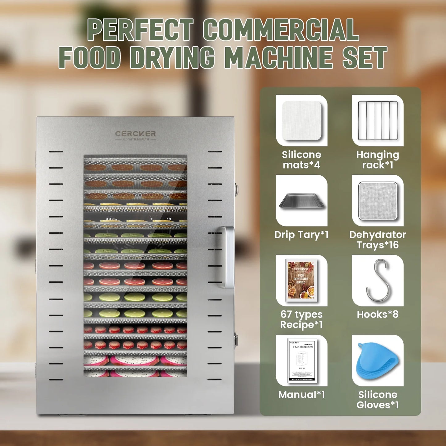 Commercial Food-Dehydrator Machine 16 Trays, 27.28Ft² Industrial-Dehydrator Large Capacity, 70ºf-190ºf Commercial Food-Dryer Machine, 1500W Meat Dryer for Fruit