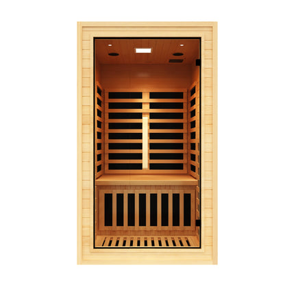 NiceBeam 1-2 person infrared cabin sauna, front view with door open