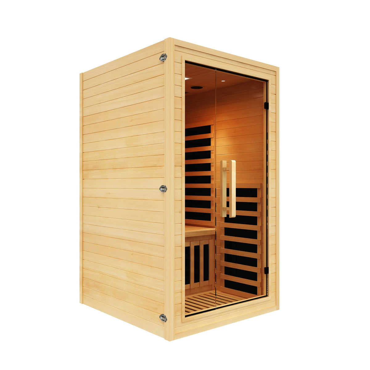 NiceBeam 1-2 person infrared sauna, angled exterior view