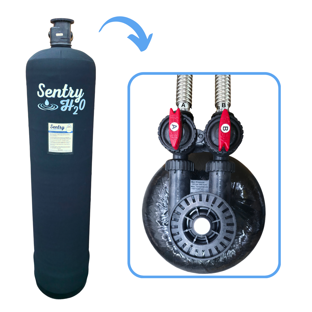 Sentry H2O whole house filter tank with bypass valve detail