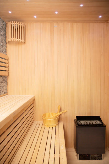 NiceBeam sauna interior bench and heater