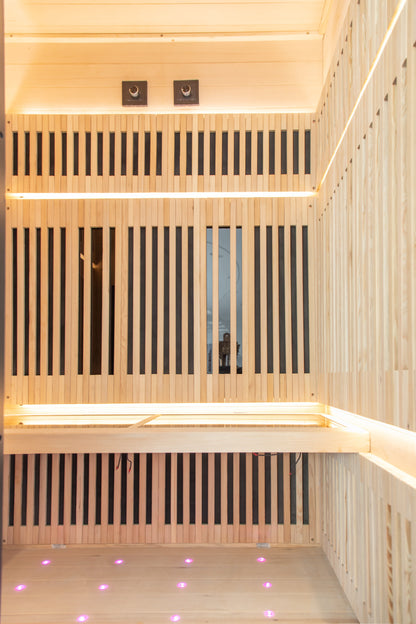 NiceBeam sauna interior with bench and backrest heaters