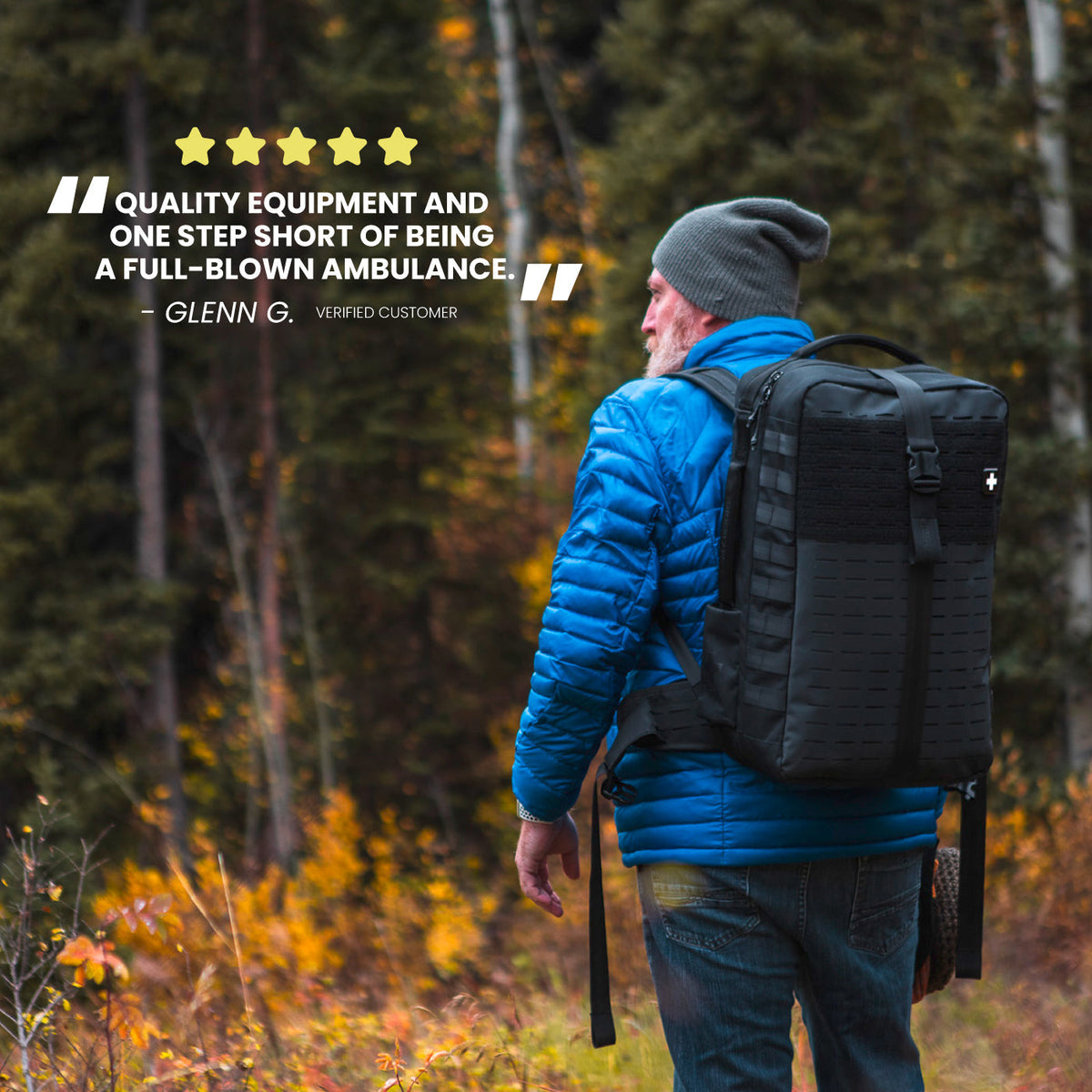 Hiker carrying The Medic PRO medical kit backpack in the woods, with review quote