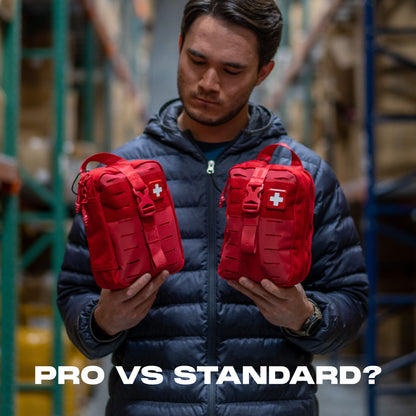 Man comparing The Medic PRO and standard medical kits