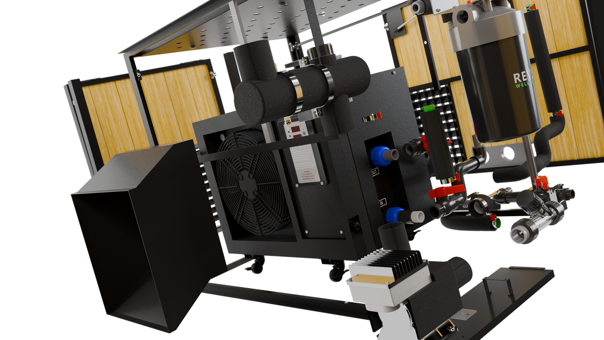 RevX LUX chiller and filtration cabinet, exploded view of components