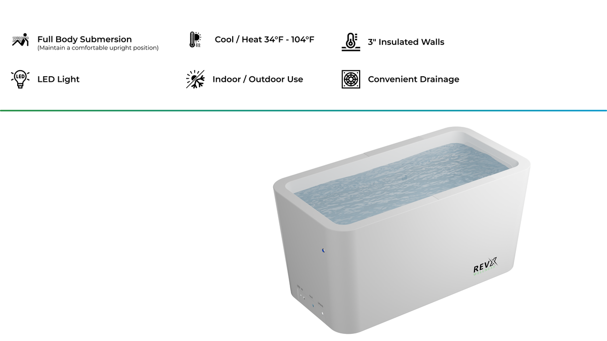 RevX Acrylic X Tub cold plunge with key feature icons