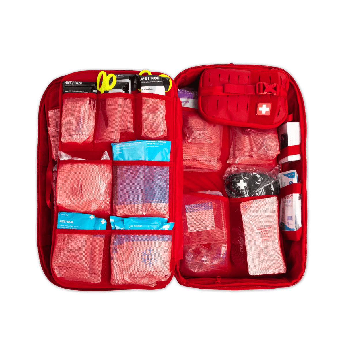The Medic PRO opened to show trauma and first aid supplies