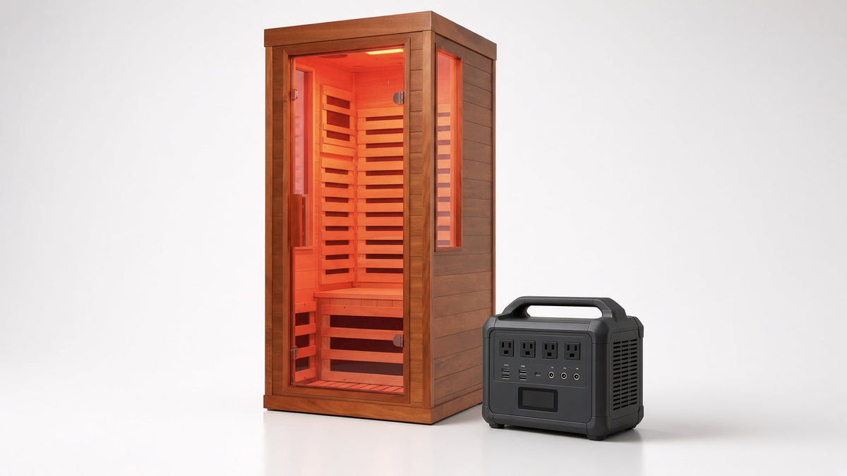 Grid-Down Health Kit: Hemlock full spectrum infrared sauna beside an 1800W power station
