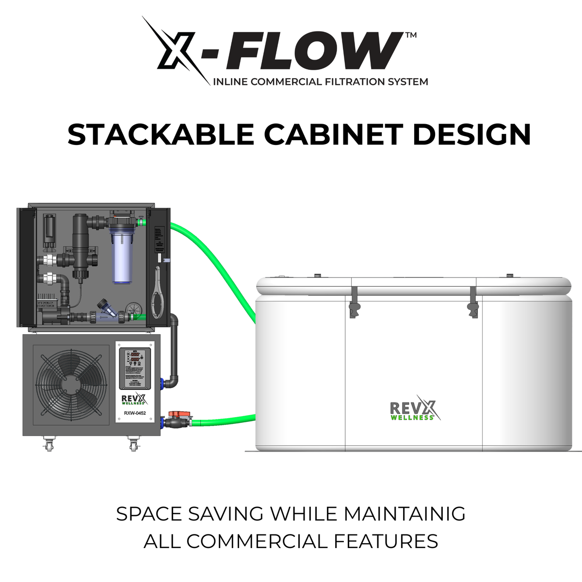 RevX X-FLOW stackable cabinet design beside a cold plunge