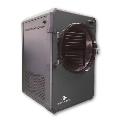 Blue Alpine XL commercial freeze dryer in dark gray, angled view