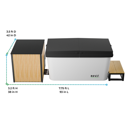 RevX Acrylic X Tub cold plunge with LUX chiller, dimensions diagram