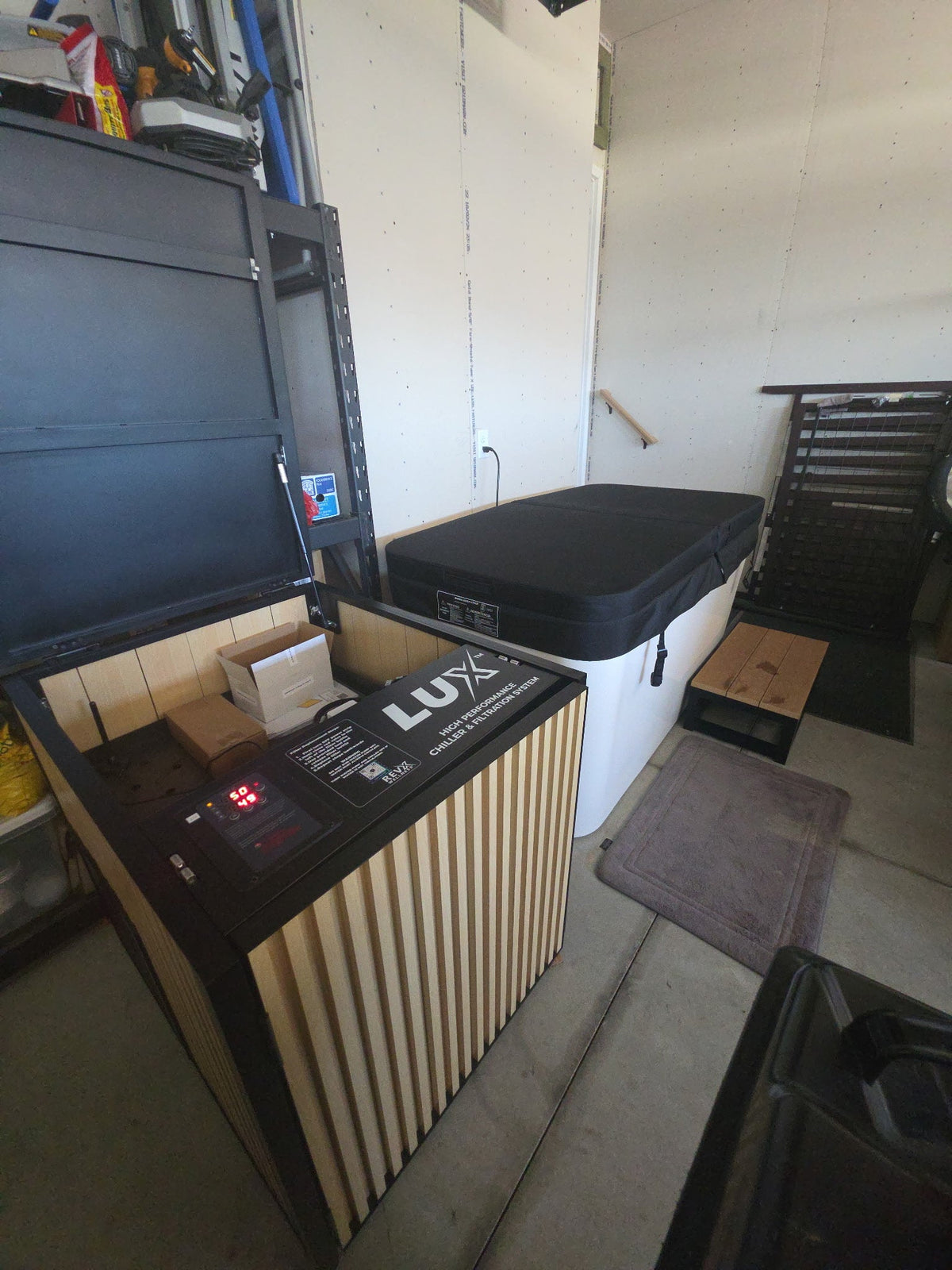 RevX Acrylic X Tub cold plunge with LUX chiller cabinet, top view