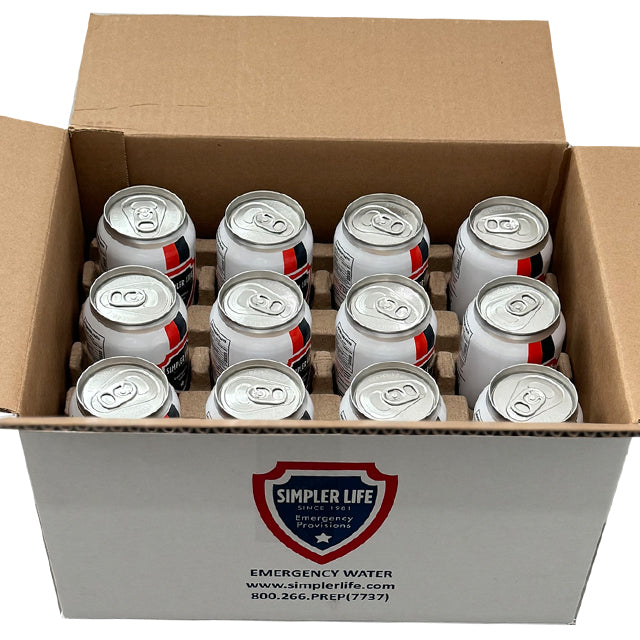 Simpler Life emergency canned water, open case of cans