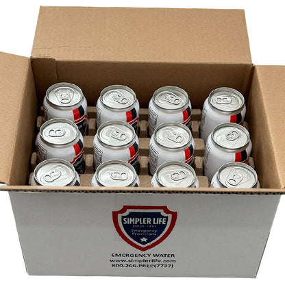 Simpler Life emergency canned water, open case of cans
