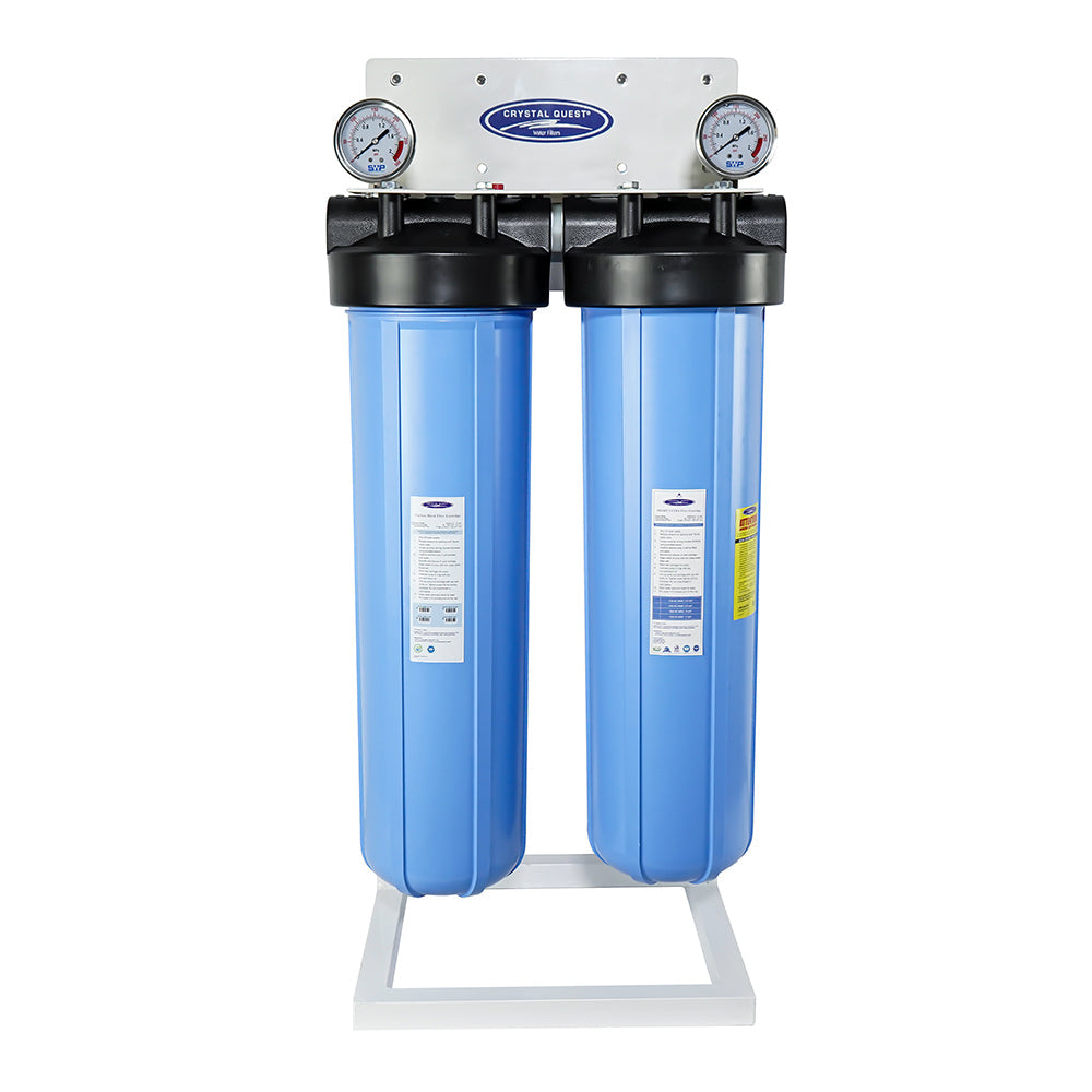 Crystal Quest Big Blue SMART whole house filter, dual housings on stand