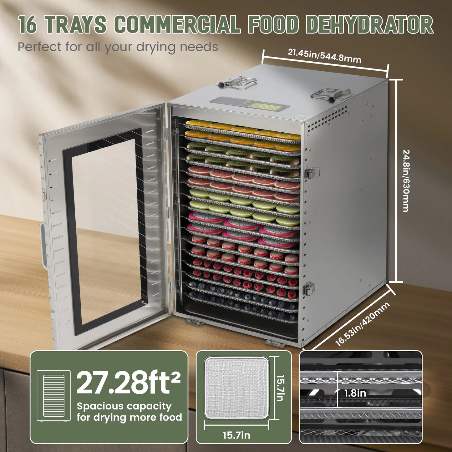 Commercial Food-Dehydrator Machine 16 Trays, 27.28Ft² Industrial-Dehydrator Large Capacity, 70ºf-190ºf Commercial Food-Dryer Machine, 1500W Meat Dryer for Fruit