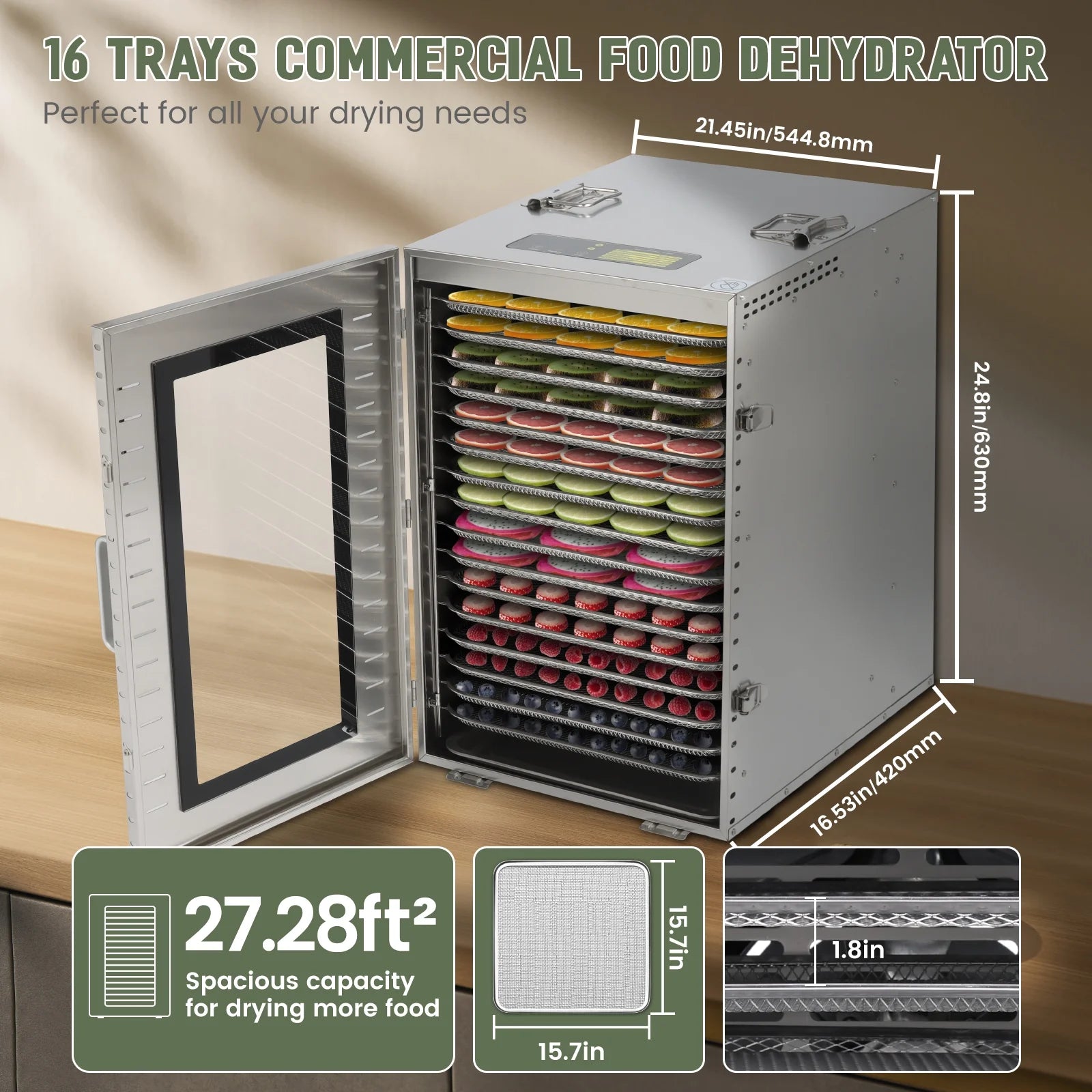 Commercial Food-Dehydrator Machine 16 Trays, 27.28Ft² Industrial-Dehydrator Large Capacity, 70ºf-190ºf Commercial Food-Dryer Machine, 1500W Meat Dryer for Fruit