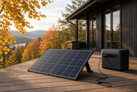 EcoFlow 220W foldable panel charging station on autumn cabin deck