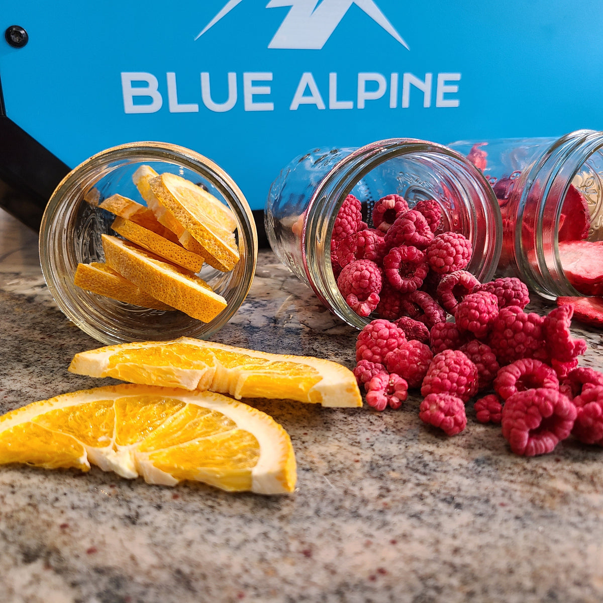 Freeze-dried oranges and raspberries made with a Blue Alpine freeze dryer