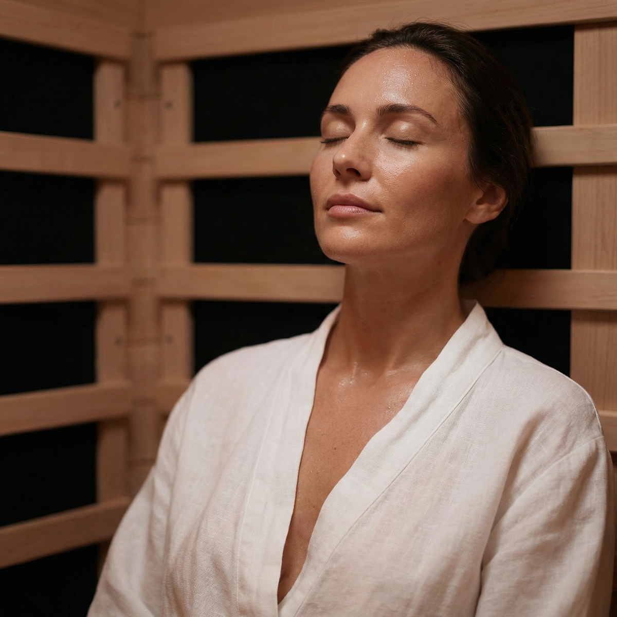 Woman relaxing against the NiceBeam sauna's carbon heater panels